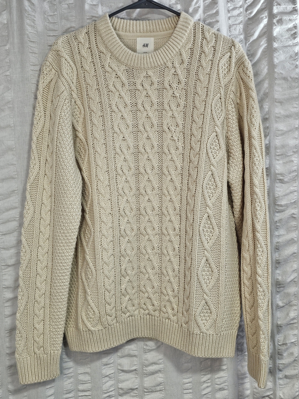 H&M Men’s Fishermans Cream Braided Cable Knit Crewneck Academia Preppy Sweater